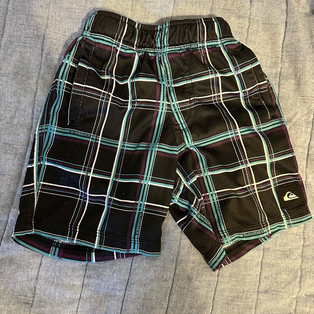 Quiksilver Black Swim Shorts with Teal and Purple Plaid